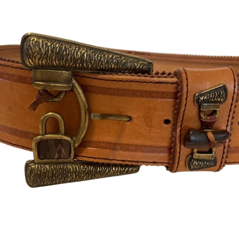 MINORONZONI Italian Vintage Leather Belt, Caramel Tan, Large Western Buckle XL